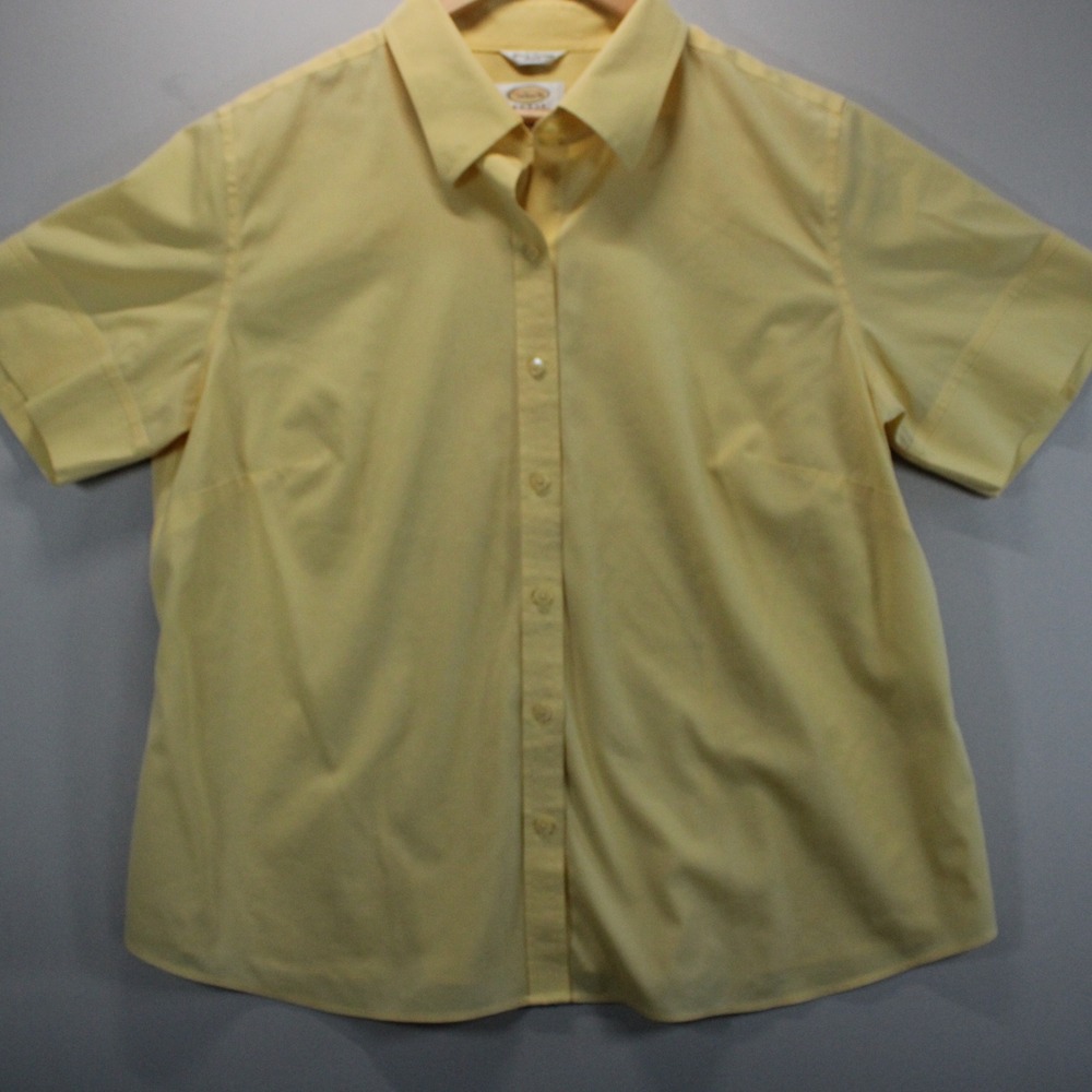 Talbots Women 16W Yellow Short Sleeve Button Down Dress Shirt Cotton Bl Stretch